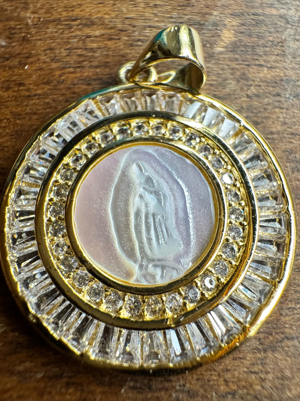 Mother of Pearl Virgin Mary Starburst Medallion Pendant Gold CZ